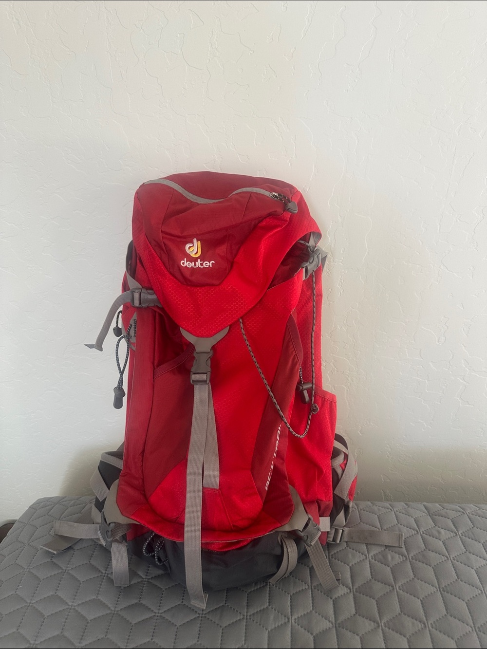 Deuter Red Hiking Backpack with Gray Straps